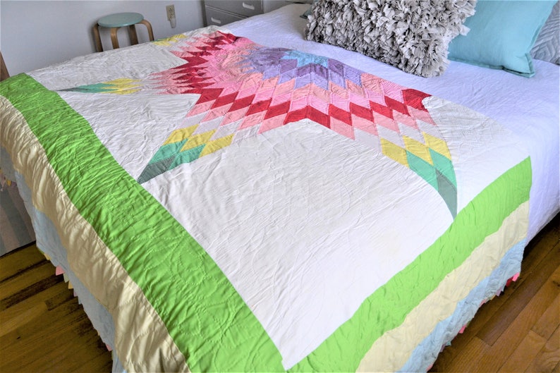 HANDMADE QUILT Queen Size Star Pattern White with Bright Colors Retro Quilt Bedding