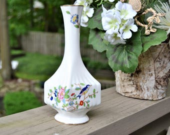 PORCELAIN Bud Vase White with Blue Bird and Flowers AYNSLEY Bone China Made in England