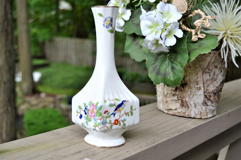 PORCELAIN Bud Vase White With Blue Bird and Flowers AYNSLEY Bone China Made in England Etsy