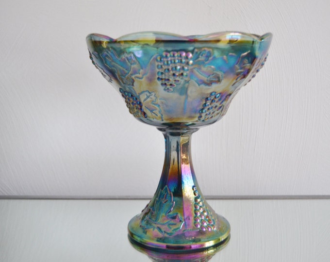 Blue Carnival Glass Pedestal Candy Dish Indiana Glass Serving Etsy