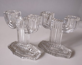 Glass Candlestick Holders Art Deco Set of Two