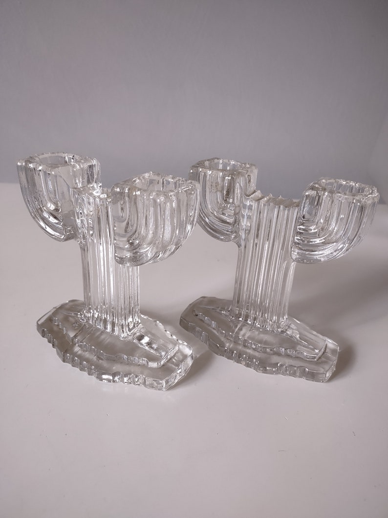 Glass Candlestick Holders Art Deco Set of Two image 1