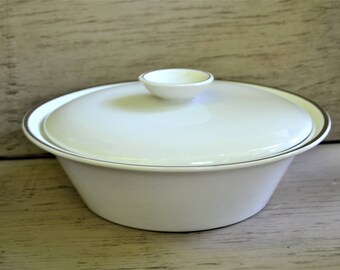 CASSEROLE English Ironstone Ceramic Covered Casserole Bowl Silver Elegance Gilded Edge