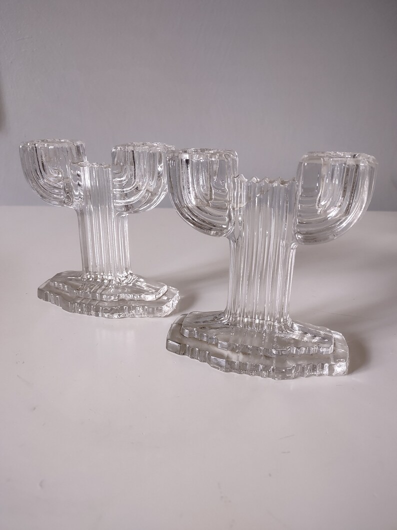 Glass Candlestick Holders Art Deco Set of Two image 2