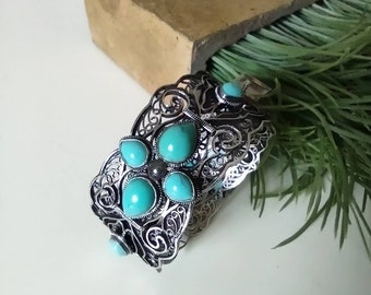 Sterling Silver Filigree Turquoise Wide Bangle Bracelet with Clasp Vintage