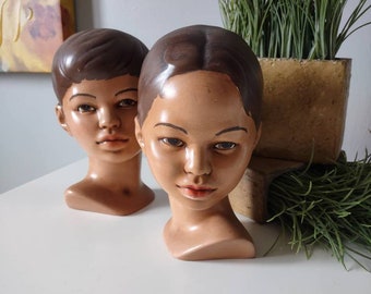 Girl and Boy Matching Head Statues Ceramic Retro Kitsch 1960s