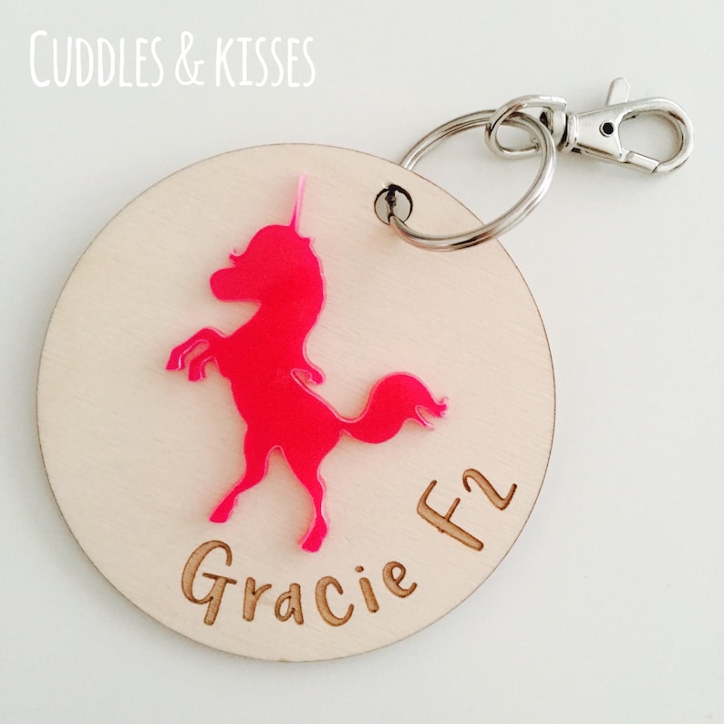 Personalised Girls Wooden Name School Book Bag Keyring Unicorn Owl
