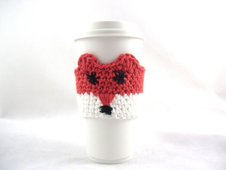 EASY Crochet PATTERN, Fox Travel mug sleeve / Red scarf / coffee mug cozy / travel cup sleeve / travel mug cozy / coffee cup sleeve image 1