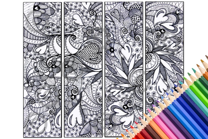 May include: Four black and white bookmark designs with intricate patterns and hearts. The bookmarks are ready to be colored in.