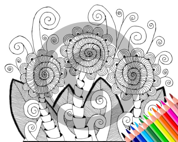 Floral Zentangle Coloring Page, Printable Doodle Art (PDF Download)