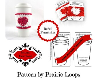 Valentines Crochet Coffee Cup Cozy Pattern: Red and White Heart (Free Template)