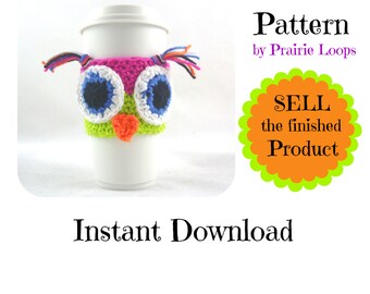 Crochet Owl Cup Cozy Pattern, Travel Mug Sleeve PATTERN, FREE Printable Template, Instant Download