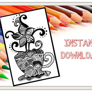 Puede incluir: P&aacute;gina para colorear imprimible en blanco y negro con una ilustraci&oacute;n detallada de una taza de t&eacute; con una flor que crece fuera de ella. El texto "INSTANT DOWNLOAD!" es visible en la imagen.