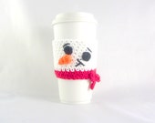 Snowman Travel mug sleeve / Red scarf  / coffee mug cozy / travel cup sleeve / cup cozy / travel mug cozy / coffee cup sleeve