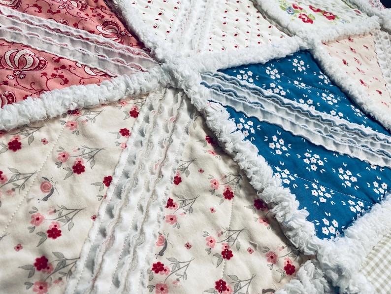 May include: Close-up of a patchwork quilt with various floral patterns in pink, white, and blue. The quilt features a ruffled edge and a quilted design, creating a cozy and handmade aesthetic.