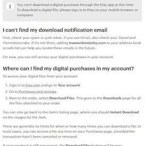 May include: White background with text explaining how to download digital purchases on Etsy. Instructions include checking email, accessing purchases in your account, and finding the download files.