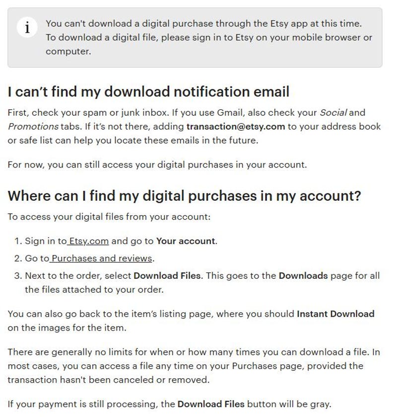 May include: White background with text explaining how to download digital purchases on Etsy. Instructions include checking email, accessing purchases in your account, and finding the download files.