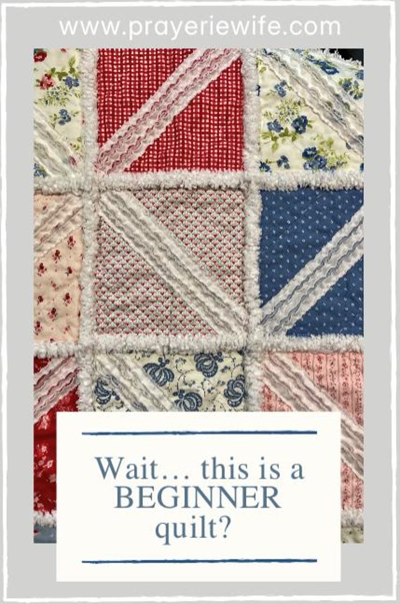 May include: Close-up of a patchwork quilt with squares of red, blue, and floral fabrics. White lace trim and fringed edges separate the squares. Text on the bottom reads, "Wait... this is a BEGINNER quilt?"
