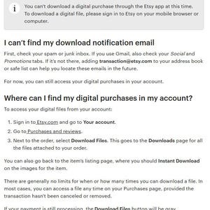 May include: White background with text explaining how to download digital purchases on Etsy. Instructions include checking email, accessing purchases in your account, and finding the download files.