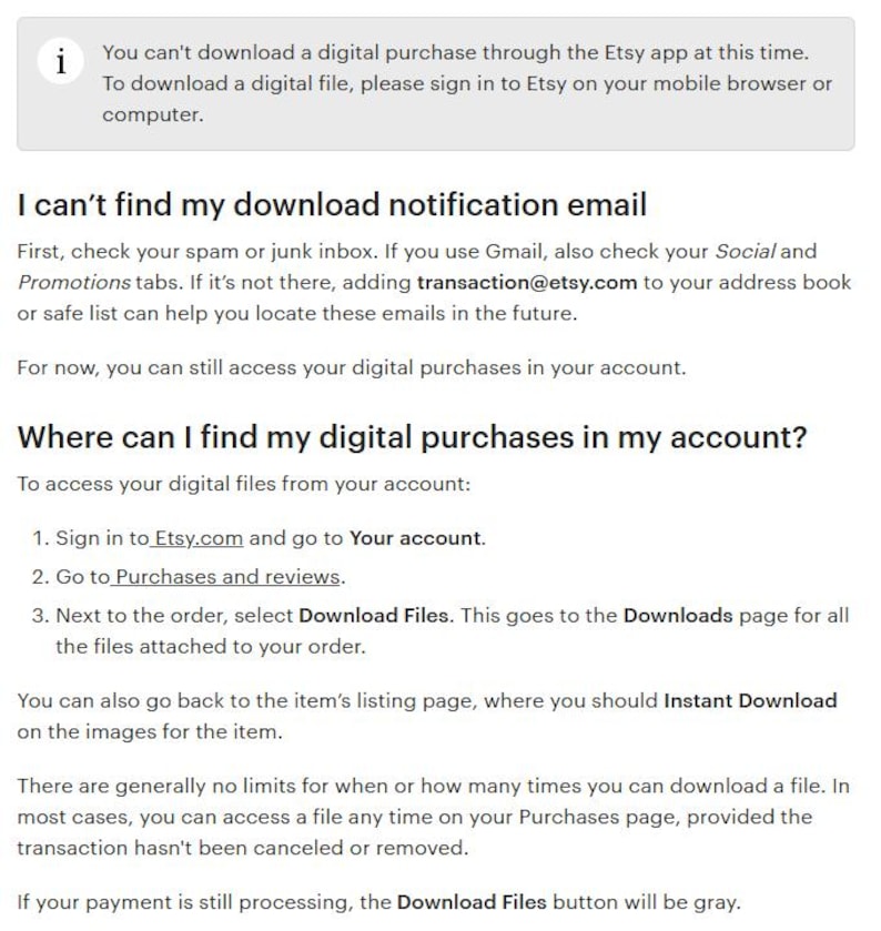 May include: White background with text explaining how to download digital purchases on Etsy. Instructions include checking email, accessing purchases in your account, and finding the download files.