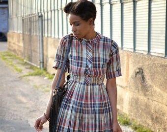 Vintage Navy and Brown Plaid Button Down Dress - Size 10 (Modern Size Extra Small - Small)