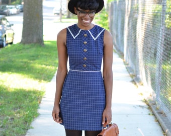 Vintage Sailor Collar Nautical Grid Pattern Dress - Size 6