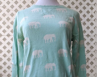 Vintage Sky Blue Elephant Print Sweater - Size Small