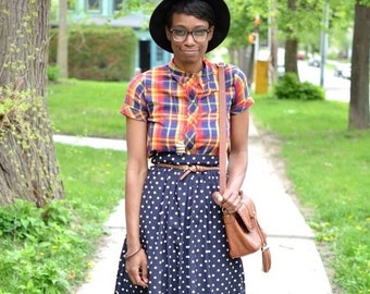 Vintage Navy Blue White Polka Dot Skirt - Extra Small/Small