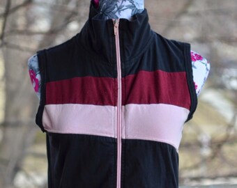 Vintage 90s Maroon Pink & Black Sleeveless Zipper Vest - Size Medium