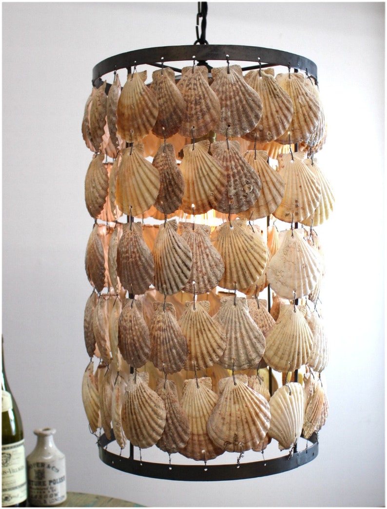 Scallop Shells Chandelier Pendant Light W Iron Frame Beach Etsy