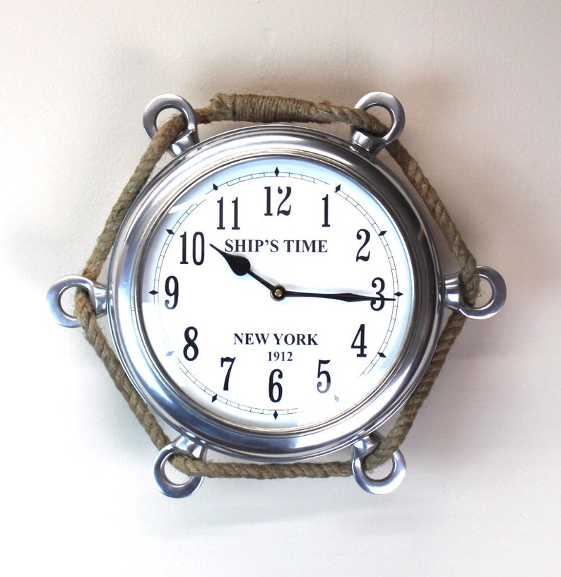 Porthole Mirror Wall Clock Silver Polished Aluminum With Ships Rope 1912 Time