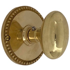 Vintage Polished Cast Brass Beaded Oval Door Knob Set with