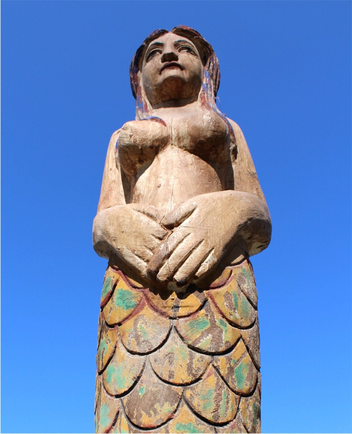 Wooden Hand Carved Mermaid Standing Statue Folk Art Painted Etsy