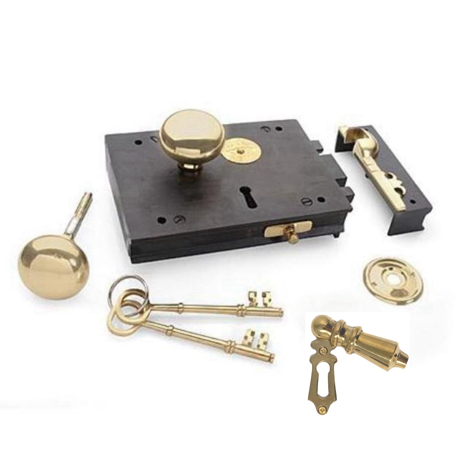 LEFT Hand Colonial Rim Lock in Solid Brass