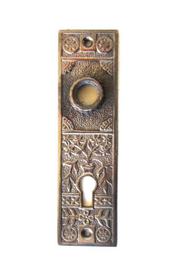 Oriental Urn Brass Door Plate with Floral Accent Antique Style Hardware