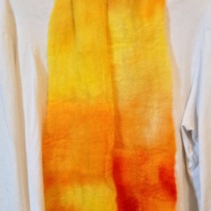 cobweb design felt scarf, merino wool, hand-dyed bright orange and yellow, light weight scarf, earthy spring design, Gift for her, wet felt image 1