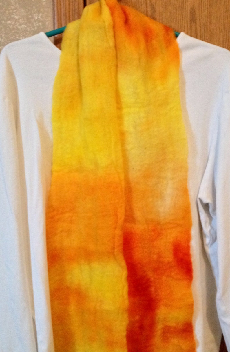 cobweb design felt scarf, merino wool, hand-dyed bright orange and yellow, light weight scarf, earthy spring design, Gift for her, wet felt image 1