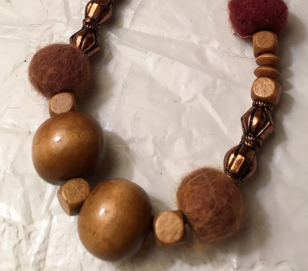 Felted Bead Necklace, Wool Felt Ball Necklace With Wooden Beads, Boho