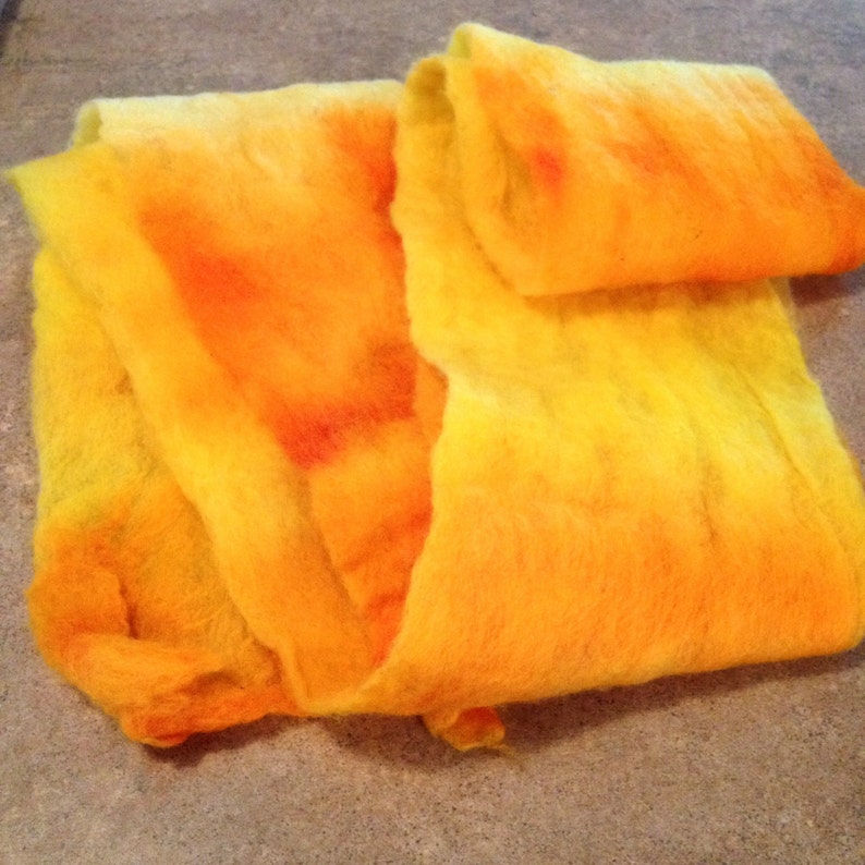 cobweb design felt scarf, merino wool, hand-dyed bright orange and yellow, light weight scarf, earthy spring design, Gift for her, wet felt image 5