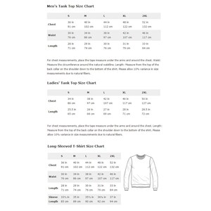 May include: A size chart for men's and women's tank tops and long-sleeved t-shirts. Measurements are provided in inches and centimeters for chest, waist, and length, with sizes ranging from S to 2XL. Includes a diagram of a long-sleeved t-shirt.