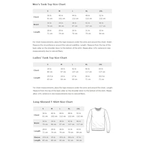 May include: Size chart for tank tops and long-sleeved t-shirts. The chart shows measurements in inches and centimeters for chest, waist, length, and sleeve length. The chart includes sizes S, M, L, XL, and 2XL.