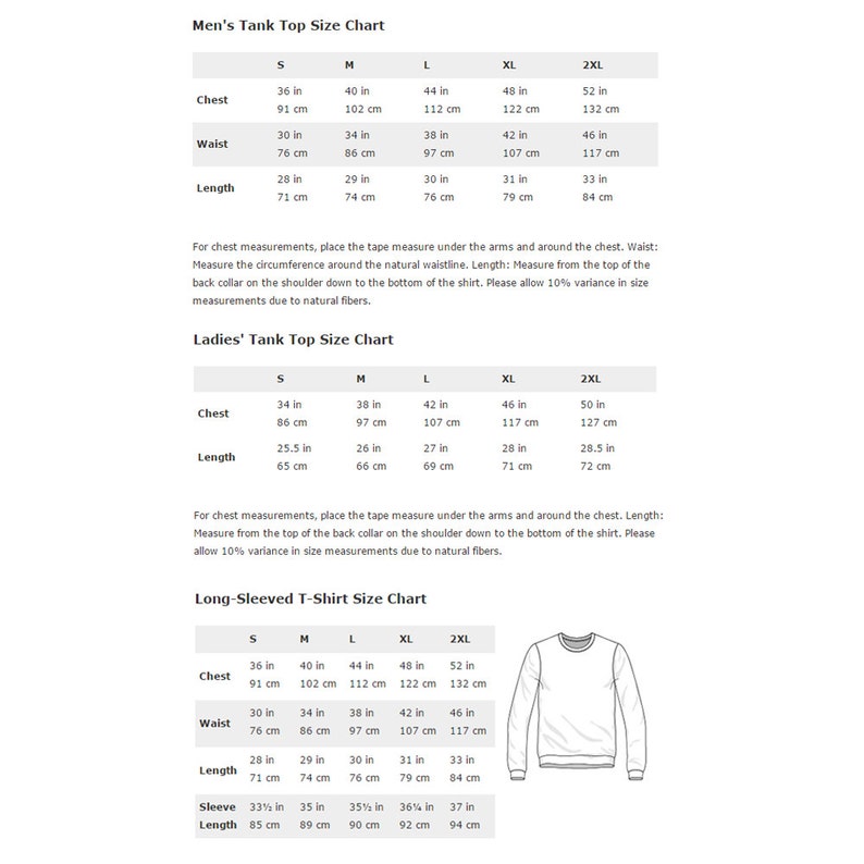 May include: Size chart for tank tops and long-sleeved t-shirts. The chart shows measurements in inches and centimeters for chest, waist, length, and sleeve length. The chart includes sizes S, M, L, XL, and 2XL.