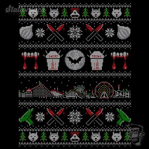 Puede incluir: Un su&eacute;ter navide&ntilde;o negro y blanco con un tema de pel&iacute;cula de terror. El su&eacute;ter presenta un murci&eacute;lago, un cuchillo ensangrentado, un copo de nieve y un &aacute;rbol de Navidad. El su&eacute;ter tambi&eacute;n presenta el texto "Felices Fiestas".