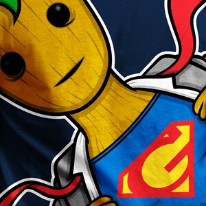 May include: A cartoon illustration of a green and brown character wearing a blue and red superhero costume with a yellow "S" symbol on the chest. The character is holding a red cape behind their back.
