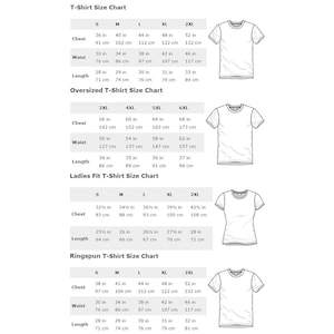 May include: T-shirt size chart with measurements in inches and centimeters for different sizes: S, M, L, XL, 2XL, 3XL, 4XL, 5XL, 6XL. The chart includes chest, waist, and length measurements.
