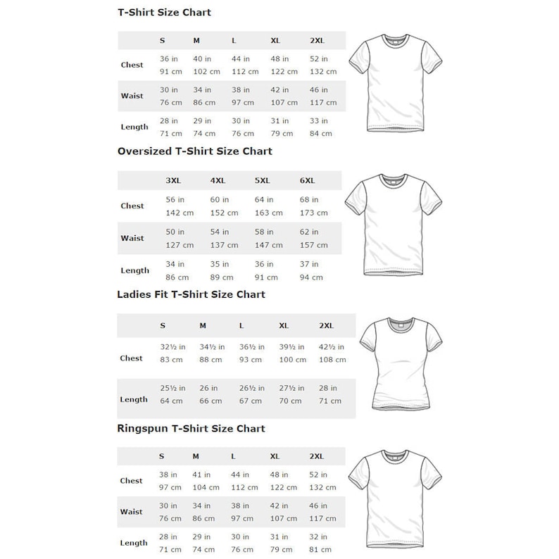 Puede incluir: Tabla de tallas de camiseta con medidas en pulgadas y cent&iacute;metros para diferentes tallas, incluyendo S, M, L, XL, 2XL, 3XL, 4XL, 5XL, 6XL. La tabla incluye medidas de pecho, cintura y longitud.
