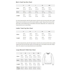 Puede incluir: Tabla de tallas para camisetas de tirantes y camisetas de manga larga. La tabla incluye medidas de pecho, cintura, largo y largo de manga en pulgadas y cent&iacute;metros. La tabla est&aacute; dividida en tres secciones: Camiseta de tirantes para hombre, Camiseta de tirantes para mujer y Camiseta de manga larga.