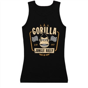 May include: Black tank top with a vintage-style graphic of a gorilla wearing a racing helmet and holding a checkered flag. The graphic says "Gorilla Jungle Rally" with the numbers 19 and 97 on either side.