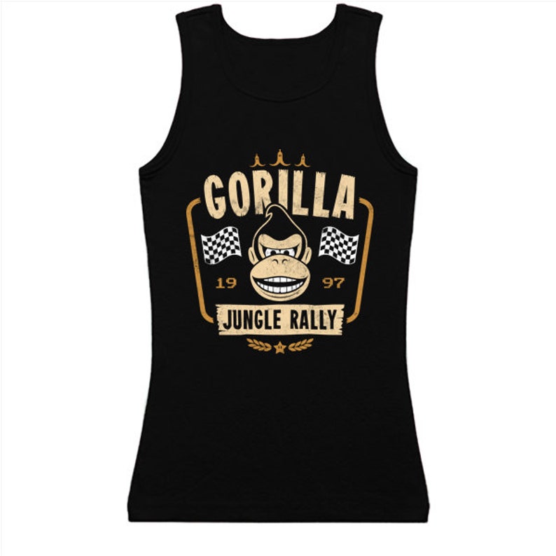 May include: Black tank top with a vintage-style graphic of a gorilla wearing a racing helmet and holding a checkered flag. The graphic says "Gorilla Jungle Rally" with the numbers 19 and 97 on either side.