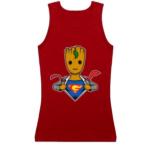 May include: Red tank top with a graphic of a cartoon character, Groot, dressed as Superman. The character is wearing a suit and has a Superman logo on his chest.